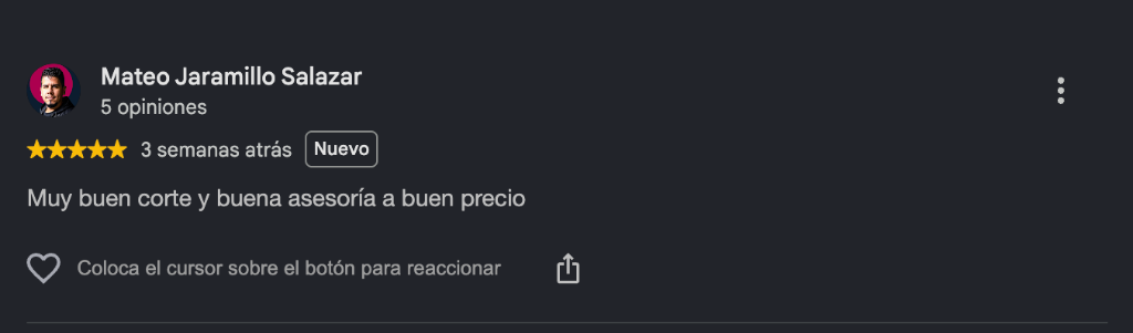 Opinión de Mateo Jaramillo en Google Maps: Muy buen corte y buena asesoría a buen precio